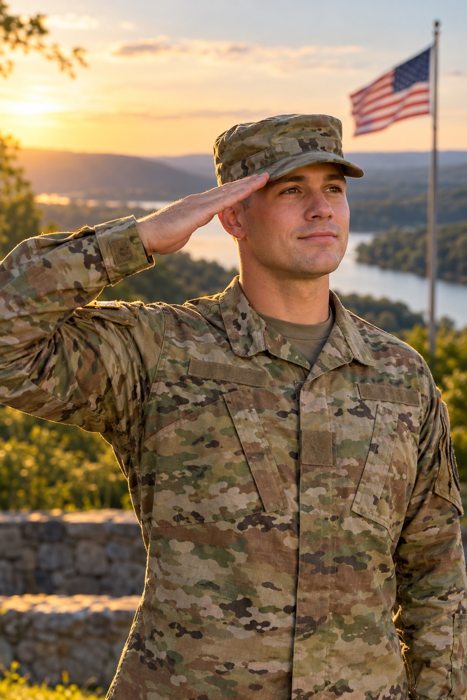 Soldier saluting at sunset