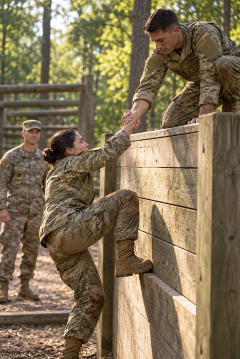 Soldiers helping each other through training